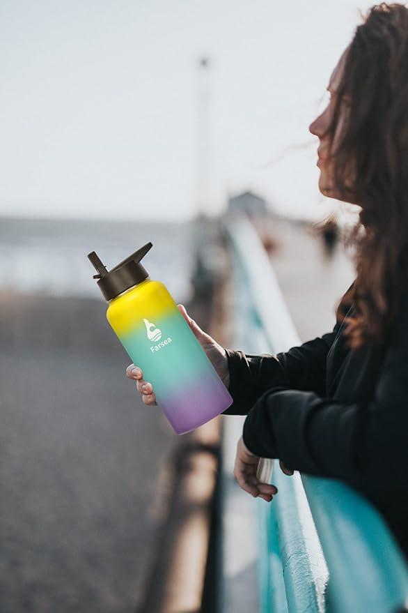 Farsea Insulated Water Bottle with Straw Lid & Spout Lid & Paracord Handle, Stainless Steel Water Bottle Wide Mouth, Double Wall Sweat-Proof BPA-Free, 32 oz, Dawn