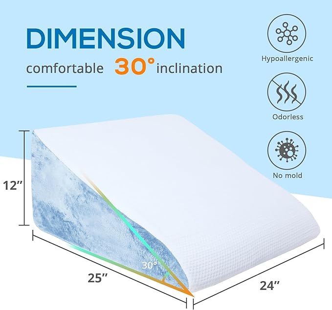 Sasttie Wedge Pillow for Sleep Apnea, 12 Inch Memory Foam Bed Wedge Pillow for Acid Reflux Relief, 30 Degree Triangle Incline Pillow Wedge for Sleeping with Removable Cover, Sky Blue