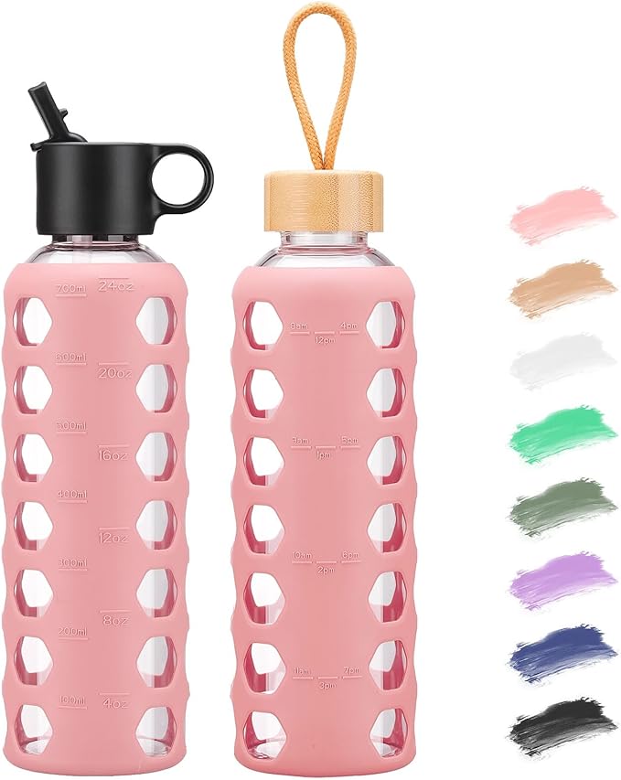 MUKOKO Glass Water Bottles, 24oz Glass Tumbler, Drinking Bottles with 2 Lids-Handle Flip Straw Lid&Bamboo Lid, Motivational Water Bottle with Time Marker and Silicone Sleeve, Leakproof-1 Pack-Pink
