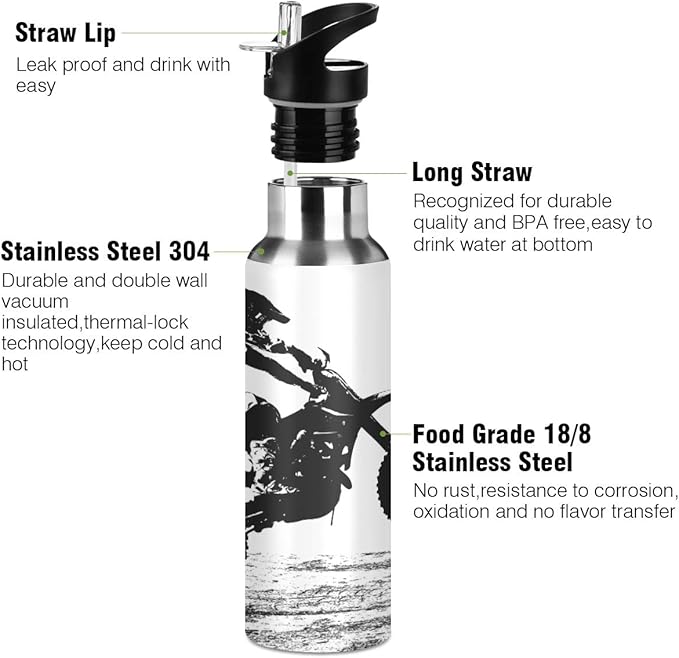 Motocross Rider Water Bottle with Straw Lid for Fitness Gym Camping Outdoor Sports, Wide Mouth Vacuum Insulated 18/8 Stainless Steel, 22 oz