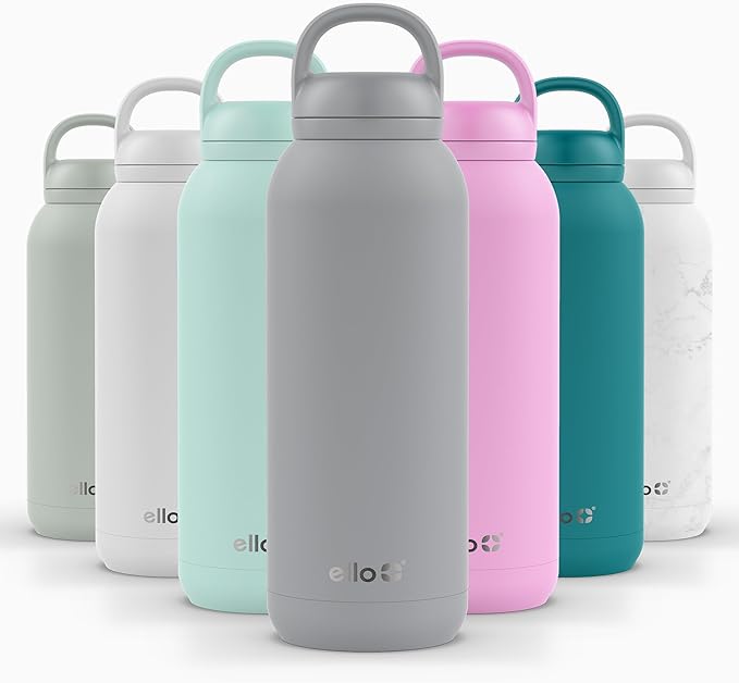 Ello Cooper Twist 40oz Stainless Steel Water Bottle with Chug Lid | Leak Proof | Double Walled and Vacuum Insulated | Built in Carry Loop | Dishwasher Safe | Gray