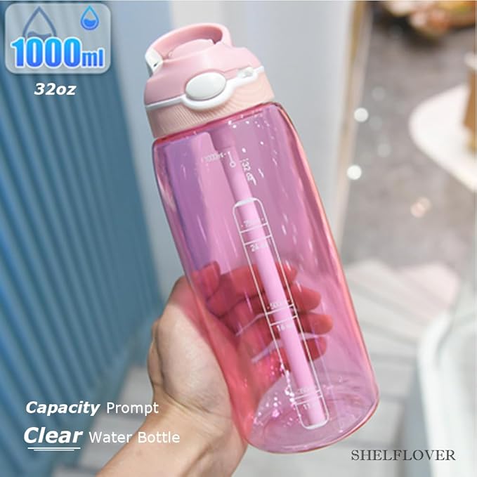 SHELFLOVER Pink Water Bottle With Narrow Straw, BPA FREE Clear Bottles With Handle One Hand Use Easy Carried, Flip Up, Suit School, Office, Gym, Office For Women, 32oz (1000ml)