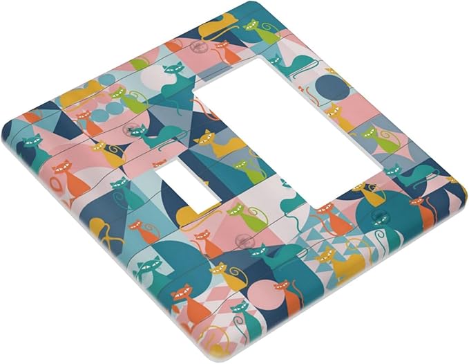 Mid Century Modern Atomic Cute Cats 2 Gang Single Toggle Rocker Combination Light Switch Covers Wall Plate Cover Electrical Faceplate Decorative Switchplate for Kidroom Nursery Bedroom Decor