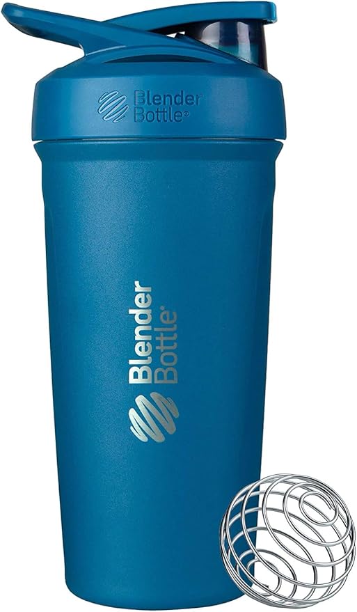 BlenderBottle Strada Shaker Cup Insulated Stainless Steel Water Bottle with Wire Whisk, 24-Ounce, Blue