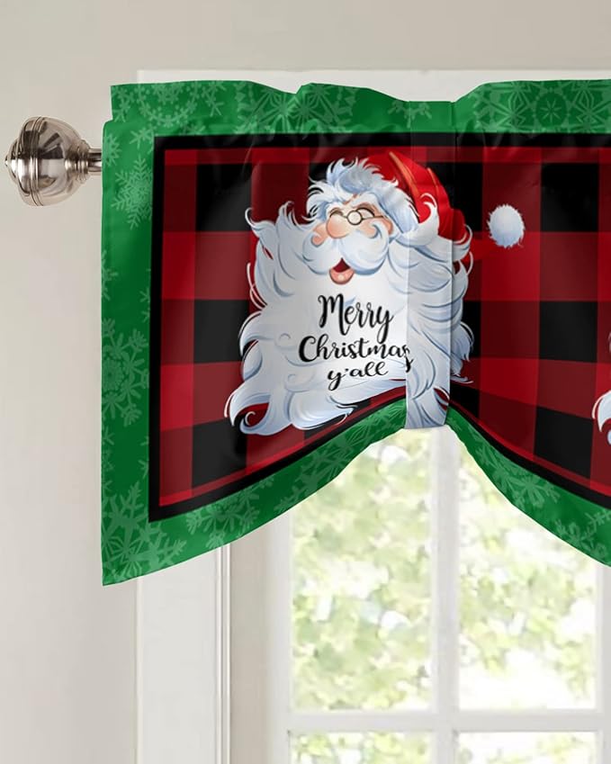 Merry Christmas Y'all Blackout Tie Up Valance Curtains for Kitchen Windows Xmas Santa Claus Window Toppers Balloon Shades for Living Room/Bathroom/Bedroom,1 Panel,42" X 12" Red Buffalo Plaid