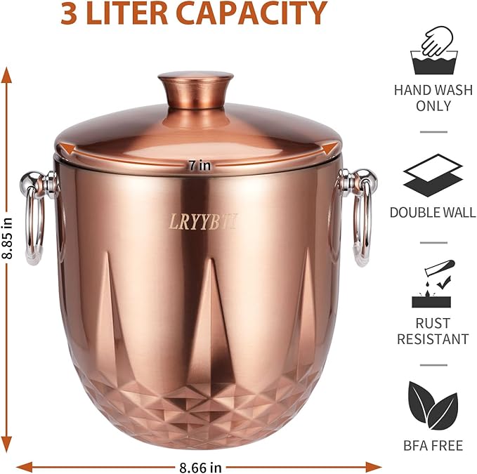 Ice Bucket with Lid, Double Wall Stainless Steel insulated ice bucket, Champagne Bucket, Wine Bucket for parties, cocktail bar, Copper, 3L