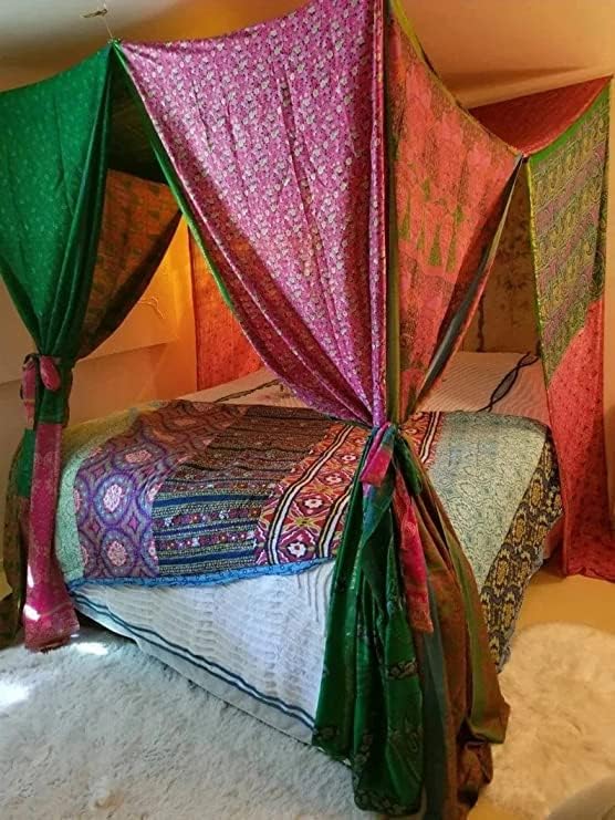 EthinicCraftHub® Bed Canopy Queen/King/Twin in Stock Curtains Bohemian Hippie Boho Decor India Fabric Silk Sari Saree Made to Order Queen Assorted Curtains (Queen)