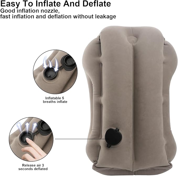 Inflatable Travel Pillow Travel Pillow Inflatable Airplane for Sleeping Support for Neck and Head Inflatable Neck Pillow for Airplane Travel Inflatable Neck Pillow for Airplane Car Home Office, Grey