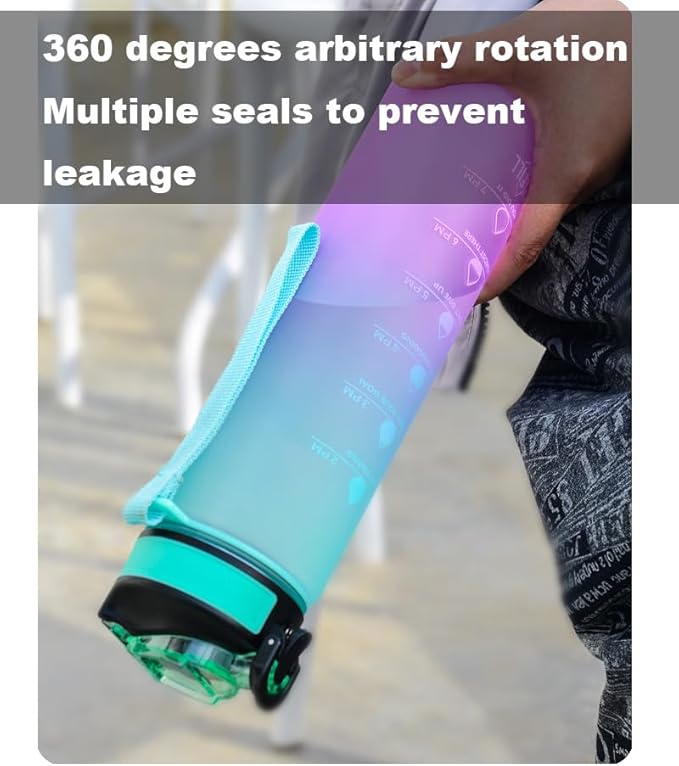 Water Bottles, 32oz Motivational Sports Water Bottle with Time Marker - Times to Drink Fast Flow Technology with Clean Brush PC Material, BPA Free, Wide Mouth Leakproof