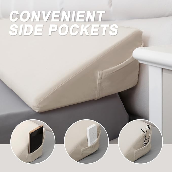 WdFour Bed Wedge pillow, close off Headboard, wall and Mattress Gap. incline, slanted sweat-proof pillow for neck and back pain relief anti-snoring for comfortable sleeping.(Beige,60Wx10Dx6H)