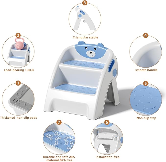 Toddler Step Stool for Bathroom Sink and Potty Training Durable Anti-Slip,Anti-Tip A-Frame,10-Second Assembly, 2-Step Potty Stool with Wide Steps,CPC Certified for Safe and Kids Easy Hand Washing