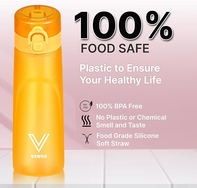 Water Bottle 650 ml scent water bottle with 5 flavor pods,Leak proof and BPA-free sports air water bottle with straw,suitable for outdoor sports 0 sugar 0 calorie Ideal gift orange