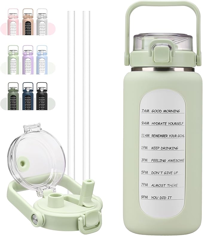 BLUEGO 64oz Insulated Water Bottle with Straw and Handle Leakproof Half Gallon Wide Mouth Motivational Water Bottle, 2-IN-1 Straw Spout Lid Stainless Steel Water Jug for Sport Travel Gym-Light Green