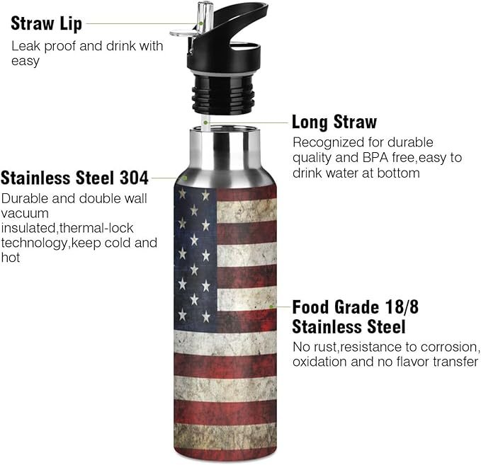 ALAZA American Flag Patriotic Water Bottle With Straw Lids Boys Girls,Vacuum Insulated Leakproof Stainless-Steel Sports Bottle Thermal Flask For Gym Yoga Camping,20Oz (600Ml)