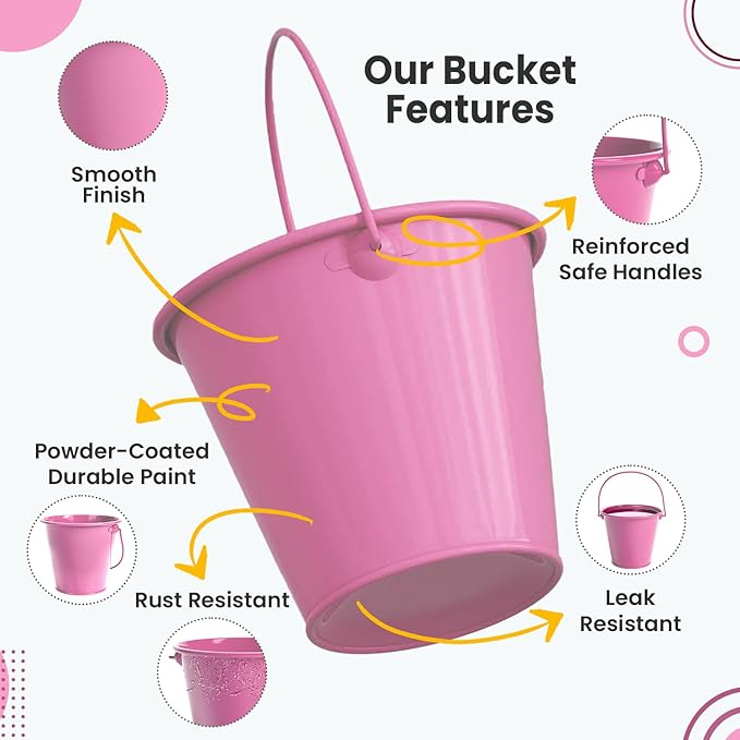 Small Metal Buckets with Handle 6 Pcs – Galvanized Bucket Leak Proof & Rust Resistant 20 fl oz Capacity - Best for Party Décor, Organizing & Decorating Classrooms (Pink, Small 4.3" Top)