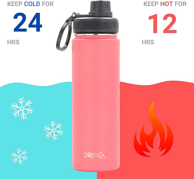 DRINCO Stainless Steel Water Bottle Spout Lid Vacuum Insulated Double Wall Water Bottle Wide Mouth (40oz 32oz 22oz 18oz 14oz) Leak Proof Keeps Cold or Hot (22 oz, 22oz Coral Paradise)