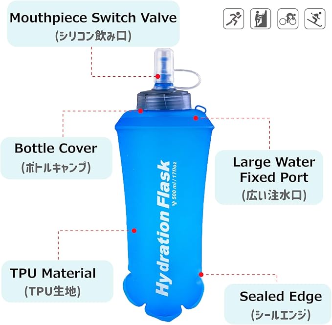 Azarxis TPU Soft Flask Running Collapsible Water Bottles BPA-Free Running Flask for Hydration Pack - Ideal for Running Hiking Cycling Climbing (500ml/16.9oz - 2 Pack)