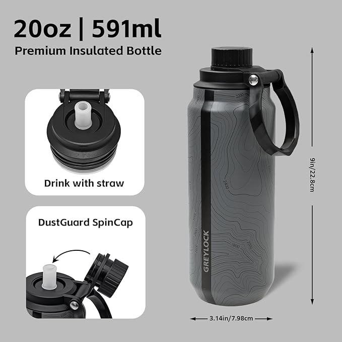 Greylock 20 oz Insulated Stainless Steel Water Bottle with Straw Lid- BPA-Free Leak Proof When Closed, Reusable Metal Water Bottle with Carry Handle for Travel Camping, 24 Hours Cold (Mapmakersmuse)