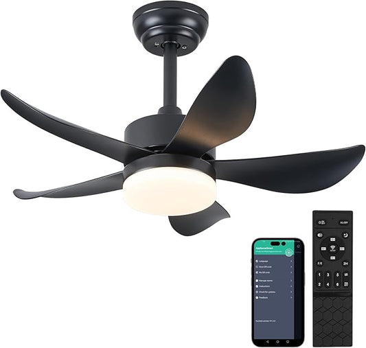 Black Ceiling Fans with Lights, 32" Dimmable LED Ceiling Fan with Light and Remote, Modern Ceiling Fans for Bedroom Kitchen Patio, Memory & Night Light, Quiet DC Motor, Reversible
