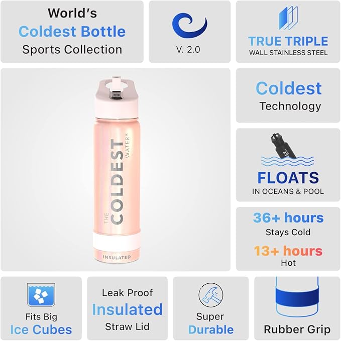 Coldest Sports Water Bottle with Straw Lid Vacuum Insulated Stainless Steel Metal Thermos Bottles Reusable Leak Proof Flask for Sports Gym (24 oz, Forever Pink Glitter)