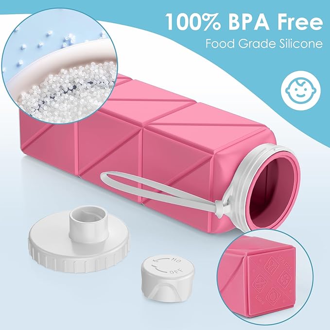 Collapsible Water Bottles,BPA-Free Leak-Proof Silicone Foldable Water Bottle Cup 20.6oz,Durable Lightweight Bottle for Gym Travel Camping Hiking Running (Pink)