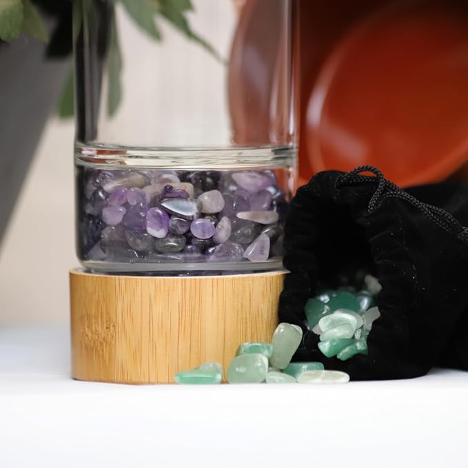 Crystal Water Bottle with a Loose-Leaf Tea or Fruit Infuser, Safe for Hot and Cold Drinks, Eco-friendly & Plus BONUS Protective Sleeve & Extra Set of Crystals (Aventurine & Amethyst)