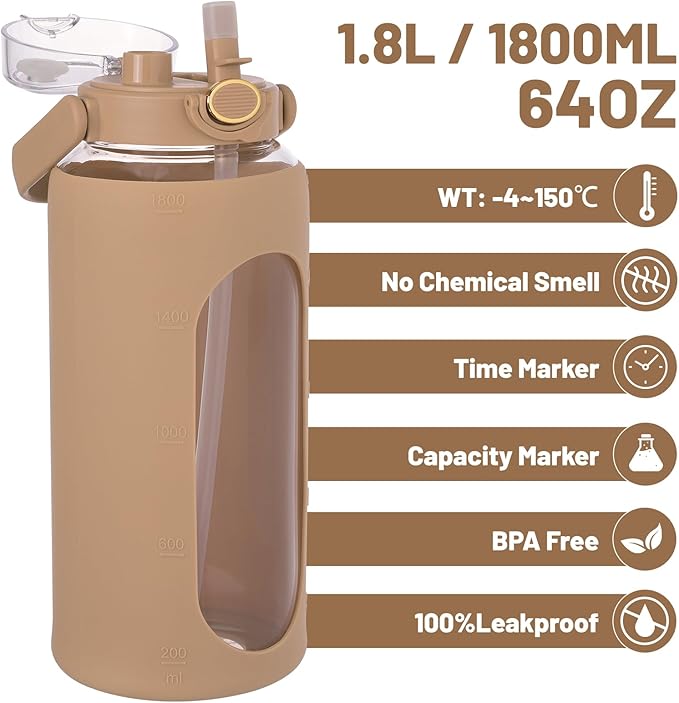 Moretoes 64oz Glass Water Bottle, Glass Bottle with Silicone Sleeve and Time Marker for Gym Home Office (Amber)
