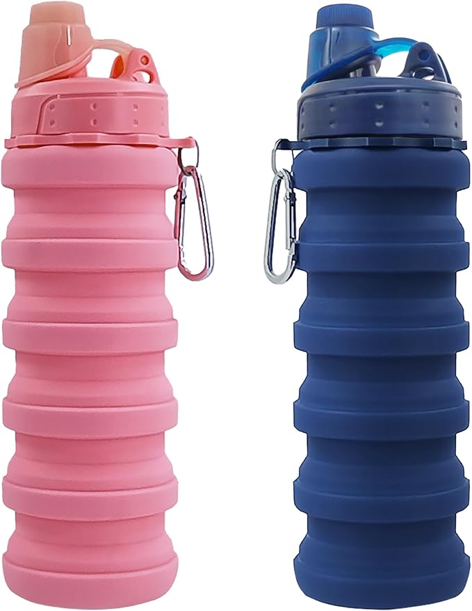 Collapsible Water Bottles Two Pack Travel Sports Portable Sport Water Bottle comes with mountaineering Buckle 500ml silicone Water-proof camping water bottle (Dark Blue and Pink Color)
