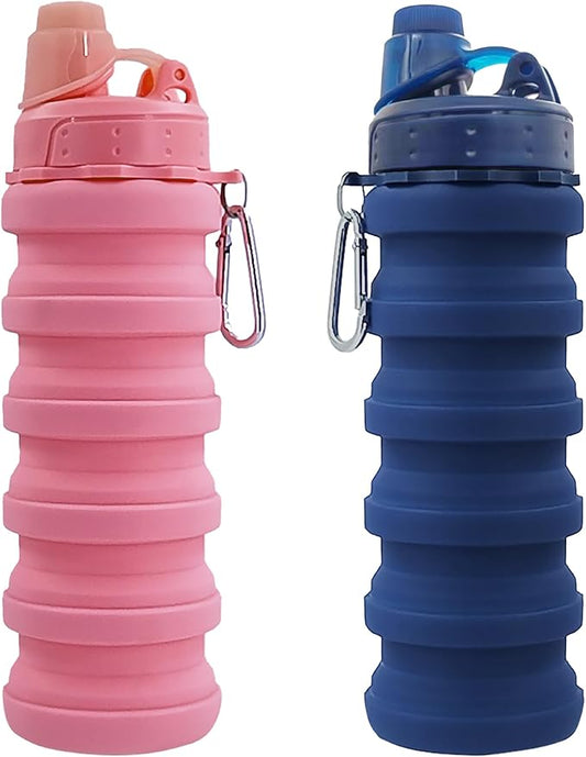 Collapsible Water Bottles Two Pack Travel Sports Portable Sport Water Bottle comes with mountaineering Buckle 500ml silicone Water-proof camping water bottle (Dark Blue and Pink Color)