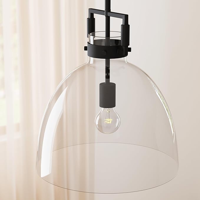 Nathan James Leigh Pendant Lighting, Black Hanging Ceiling Light with Oversized Glass Shade and Adjustable Cord, for Kitchen Island or Entryway, Matte Black/Clear