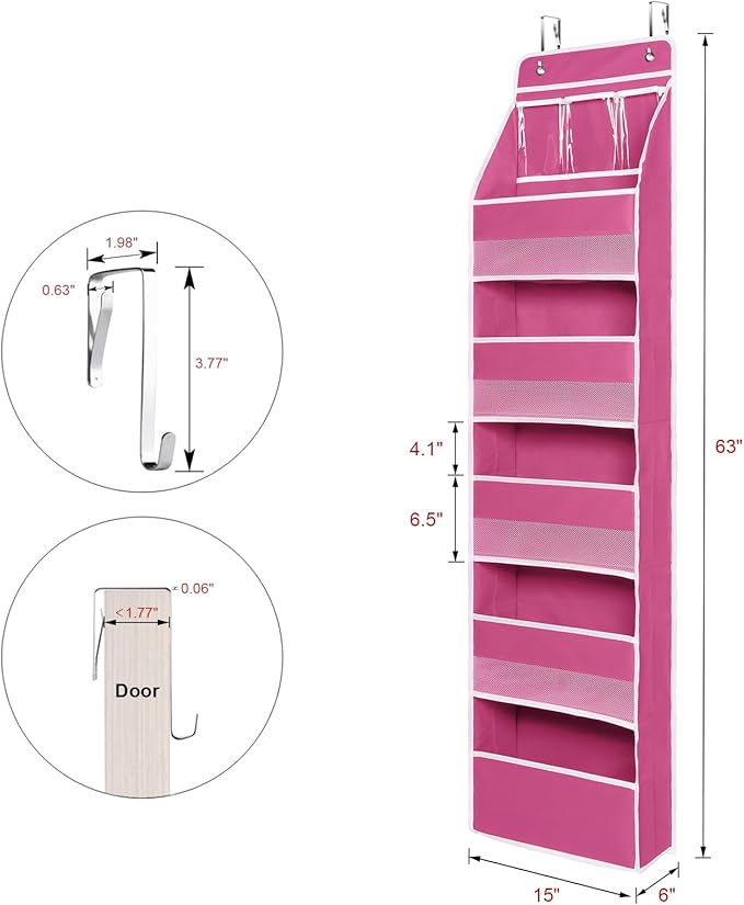 Univivi Door Hanging Organizer Nursery Over the Door Organizer Baby Storage with 5 Large Pockets and 3 Small PVC Pockets for Cosmetics, Toys and Sundries (Pink)