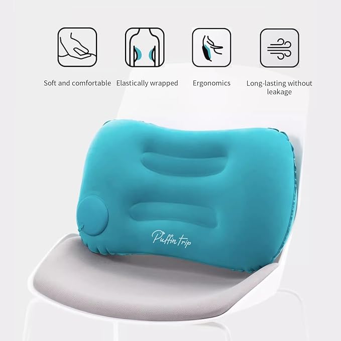 Ultralight Inflatable Travel Pillow Press to Inflate Compressible Ergonomic Neck and Lumbar Support While Camping Driving Sleeping Peacock Blue