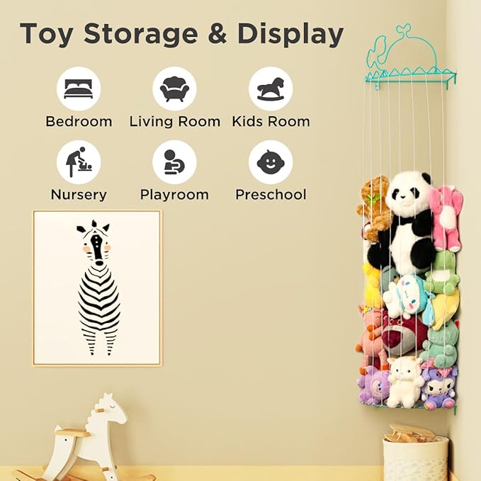 Stuffed Animal Storage,Stuffed Animal Holder with Adjustable Length,Corner Shelf for Kids Room Decor,Soft Toy Storage Organizer for Living Room,Bedroom,Nursery,Playroom,Kids Room(Sky Blue)