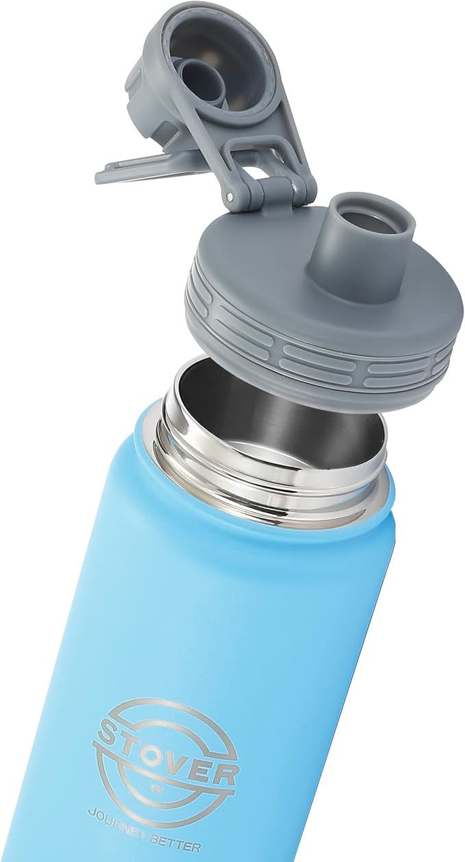 STOVER 25oz Insulated Water Bottle, Wide Mouth Double-Walled Stainless Steel- Vacuum Sealed, Leakproof, Durable, Slim Design Fits in Cup Holder- Flip Top Lid/Spout for Travel- Women/Men (Light Blue)