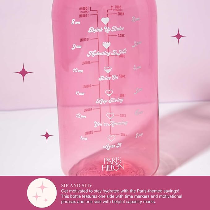 Paris Hilton Motivational Water Bottle with Straw and Leak-proof Flip-Top Lid, Motivational Time Markers, Carry Handle for Travel, Made without BPA, 50-Ounce, Pink