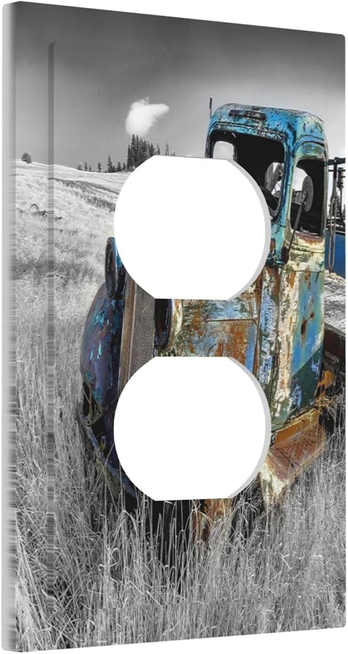 Vintage Country Old Blue Truck 1 Gang Outlet Plate Covers Decorative Single Duplex Wall Plate Rustic Electrical Receptacle Light Switch Cover Art Faceplate Switchplate for Bathroom Living Room Decor