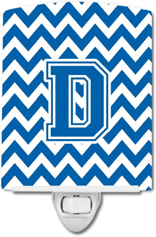 Caroline's Treasures CJ1056-DCNL Letter D Chevron Blue and White Ceramic Night Light Compact, UL-Certified, Ideal for Bedroom, Bathroom, Nursery, Hallway, Kitchen, 6x4x3, Multicolor