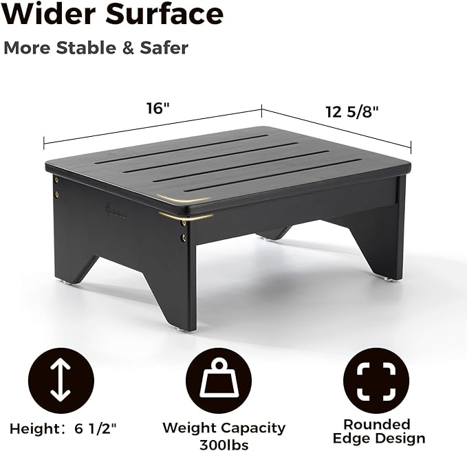 StrongTek Bamboo Step Stool for Adults, Bedside Step for High Beds, 300 Lbs Capacity, Non-Slip Bed Foot Stool with Rounded Edges, Small One Step Stool for Bathroom, Bedroom, Garden, Kitchen (Black)