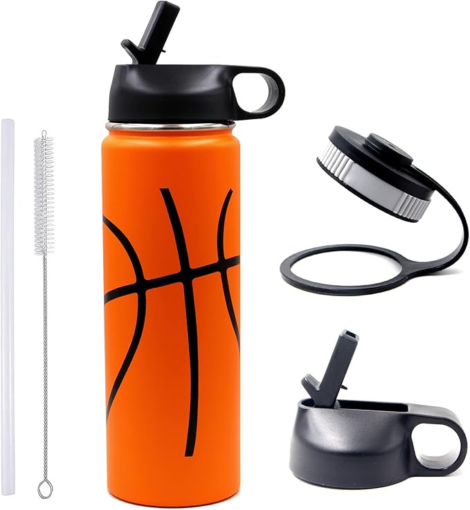 22 oz Basketball Water Bottle, Metal Thermo Bottle with 2 Lids 18/8 Stainless Steel Tumbler Double Wall Vacuum Insulated Flask for Gym, Travel, Sports (22oz, Basketball)
