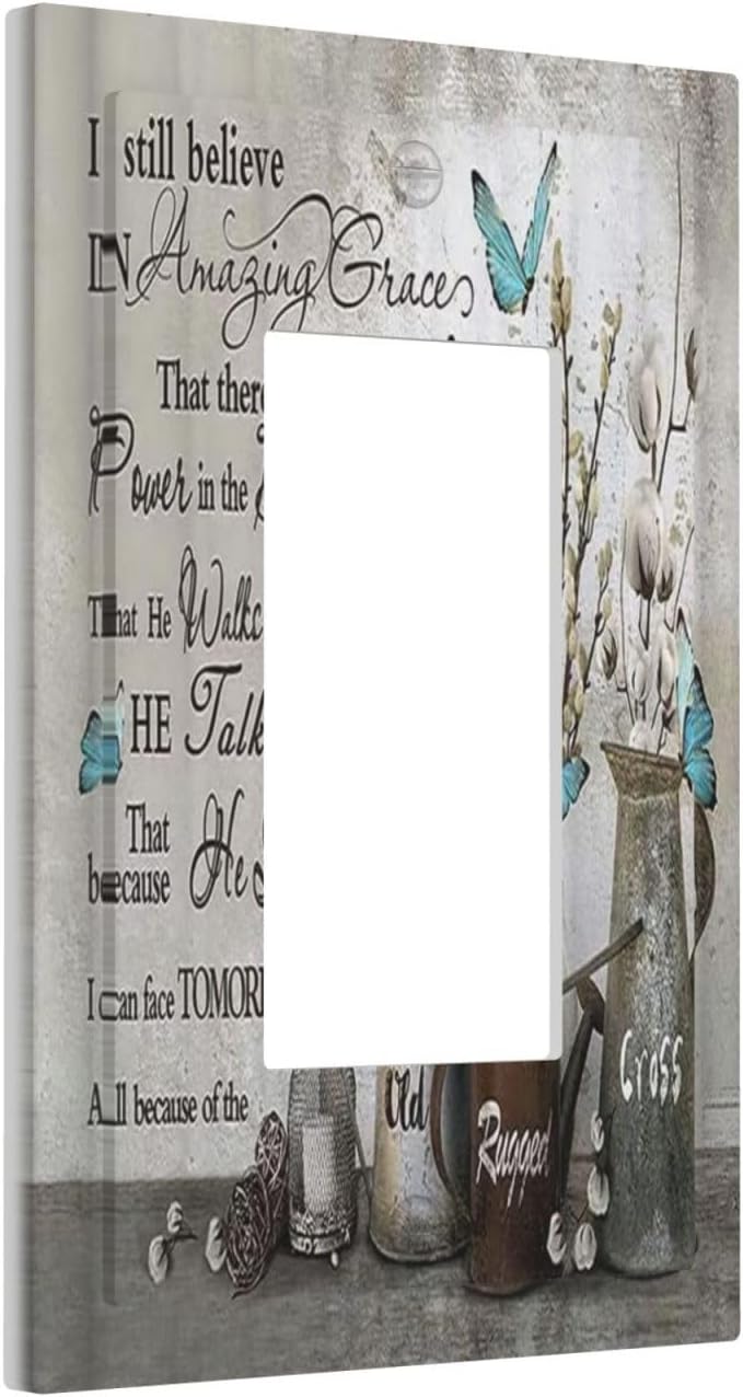 Blue Butterfly Rustic Flower Inspirational Quotes 1 Gang Rocker Light Switch Covers Single Decora Outlet Wall Plate Decorative Switchplate Faceplate GFCI for Farmhouse Country Bedroom Kitchen Decor