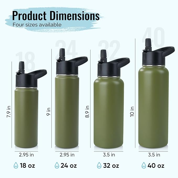 Stainless Steel Water bottle with Straw & Wide Mouth Lid, Wide Rotating Handle, 40oz Double Wall Vacuum Insulated Water Bottle Leak Proof, BPA Free, Keep Cold and Hot, 40oz, Army Green