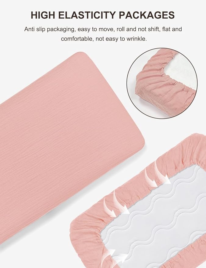 Pink Muslin Pack and Play Sheets Fitted Girl, 39"x27" Neutral Portable Mini Crib Sheets or Pack n Play Mattress Pad Cover for Baby Boys (46P-01)