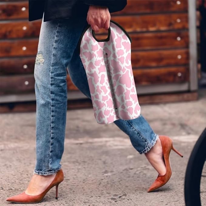 doginthehole Cow Print Insulated Wine Bag Water Bottle Carrier Portable Wine Cooler Bag Neoprene Protection Tote Bag Wine/Champagne/Water Bottle/Beer/Drinks Carrying Bag, Gift for Wine Lover Women