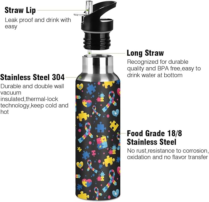 Autism Stainless Steel Water Bottle with Straw Lid - 20 Oz Sports Insulated Water Bottle Thermos for Sport Gym Outdoor Travel School (07-B14)