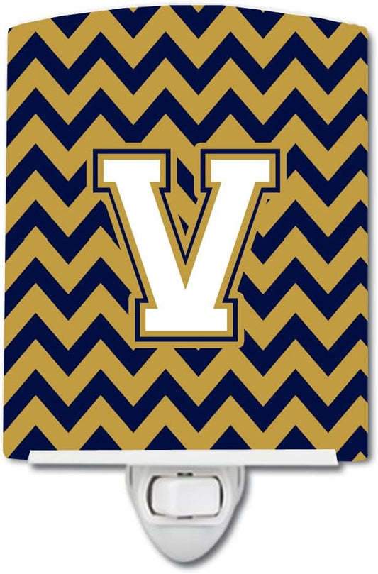 Caroline's Treasures CJ1057-VCNL Letter V Chevron Navy Blue and Gold Ceramic Night Light Compact, UL-Certified, Ideal for Bedroom, Bathroom, Nursery, Hallway, Kitchen, 6x4x3, Multicolor