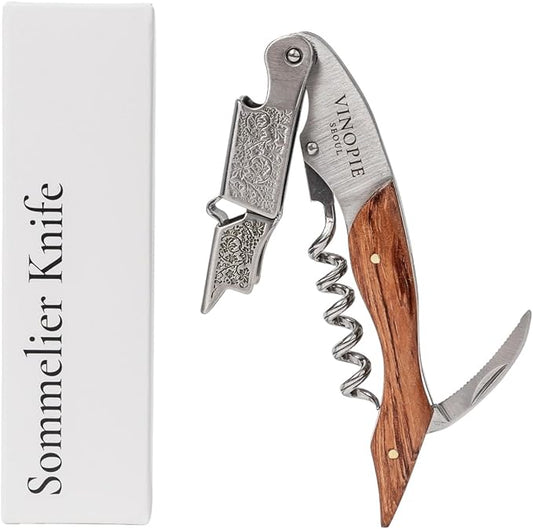 Professional Waiters Corkscrew - Wood Grapevine Pattern Sommelier Knife Wine Key with Ergonomic Rubber Grip, Beer Bottle Opener and Foil Cutter (Only Opener (without Keyring))