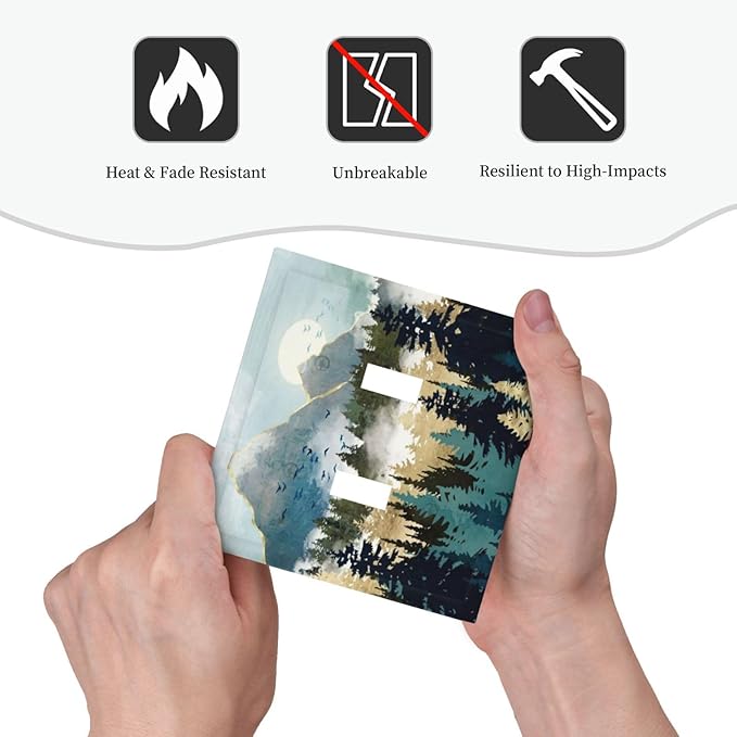 Boho Mountain Forest Abstract Sunset Sunrise Sun Double Toggle Light Switch Covers 2 Gang Wall Plate Dual Decorative Switchplate Electrical Faceplate for Country Bathroom Bedroom Decor