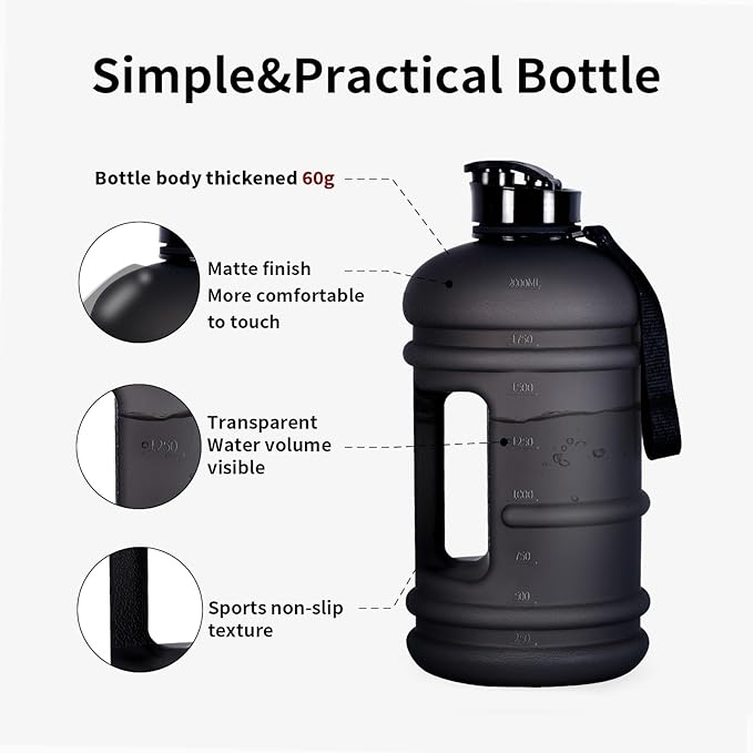 TOOFEEL 2.2 Liter Gym Water Bottle - 100% Leak Proof Big Sports Water Bottle Larger than 74 oz Water Bottle with Visible Volume for Drinking (74oz Transparent Matte Black)