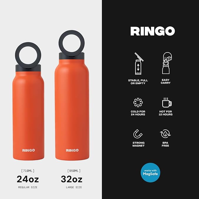 Ringo Insulated Water Bottle - Compatible MagSafe Water Bottle w/Phone Holder -Stainless Steel School Water Bottle w/Magnetic Phone Mount for Kids & Adult-Hot 12H, Cold 24H 360° Rotate - Orange 24oz
