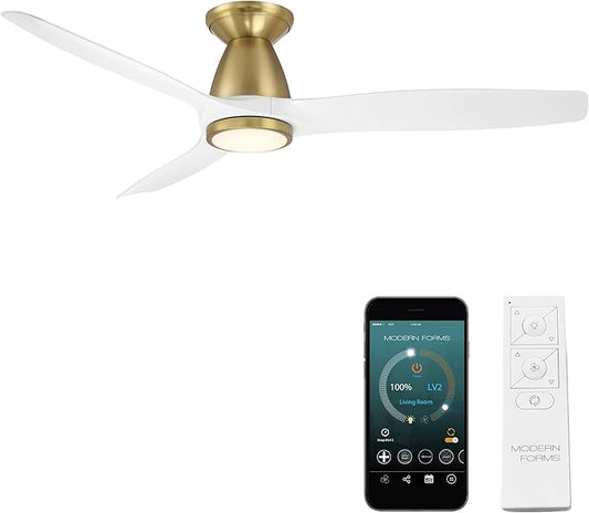 Skylark Indoor and Outdoor 3-Blade 54in Smart Flush Mount Ceiling Fan in Soft Brass Matte White Adjustable CCT 2700K-3000K-4000K-5000K LED Light Kit Remote Control works with Alexa, iOS or Android App